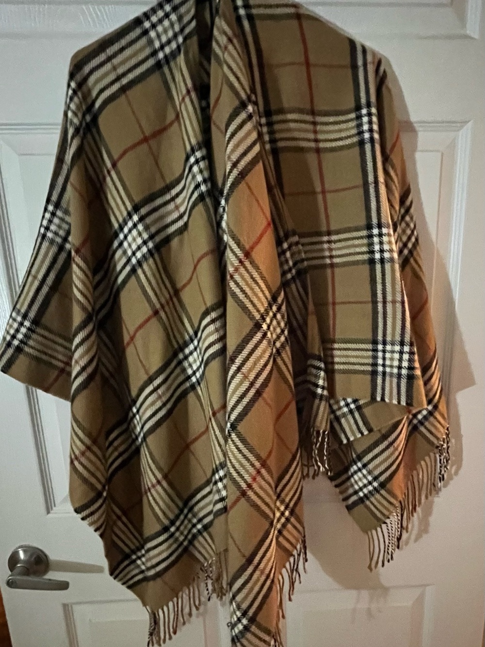 Plaid Fringe Wrap Cape in Camel and Black